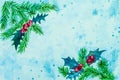 Watercolor background. Christmas watercolor horizontal composition with holly berries, spruce and pine branches. watercolors