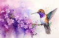 watercolor background with a colorful hummingbird with lilac flowers