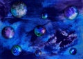 Watercolor background with colorful spheres in space