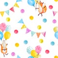 Fox with balloons watercolor background Royalty Free Stock Photo