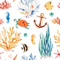 Watercolor background with cute turtle,seahorse,coral reef,seaweed,anchor.