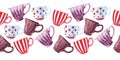 Watercolor seamless borders on the theme of tea drinking with colorful teapots, mugs, tea bags, teaspoons Royalty Free Stock Photo