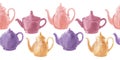 Watercolor seamless borders on the theme of tea drinking with colorful teapots, mugs, tea bags, teaspoons Royalty Free Stock Photo