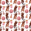 Watercolor seamless pattern with circus bears and festive attributes, balloons, banners, magic wands and popcorn