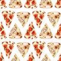 Watercolor seamless pattern with different types of fresh pizza Royalty Free Stock Photo