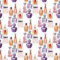 Watercolor seamless pattern with various perfume bottles and cosmetics