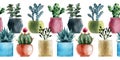 Watercolor seamless border with different types of cacti in multicolored pots
