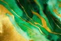 Watercolor background drawn by brush. Golden shiny veins and Liquid marble texture. Green paint spilled on paper. Fluid art luxury Royalty Free Stock Photo