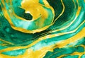 Watercolor background drawn by brush. Golden shiny veins and Liquid marble texture. Green paint spilled on paper. Fluid art luxury Royalty Free Stock Photo