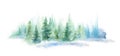 Green landscape of foggy forest, winter hill. Wild nature, frozen, misty, taiga. watercolor background