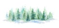 Green landscape of foggy forest, winter hill. Wild nature, frozen, misty, taiga. horizontal watercolor background Royalty Free Stock Photo