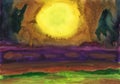 Watercolor background. Fantasy sunset above the sea.
