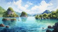 Watercolor Lake Landscape: Anime Style Illustration Of Indonesian Peninsula