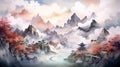 Asian Mountain Fantasy: Serene Watercolor Illustration Of China\'s Majestic Landscape