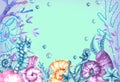 Watercolor background image with marine life, sand castle, seashells, corals on a bright background Royalty Free Stock Photo