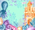 Watercolor background image with marine life, sand castle, seashells, corals on a bright background