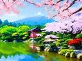 watercolor background with japanese traditional asian garden. fuji with sakura and flowers , Ai Generated Royalty Free Stock Photo