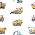 Watercolor Background for Kids with with little toy Building Machines. Watercolor seamless pattern Trucks and Cars. Red Royalty Free Stock Photo
