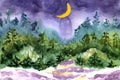 Watercolor background of a night winter forest with yellow moon on the sky