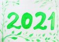 Watercolor background with numbers 2021. Artistic spring illustration for the calendar