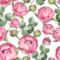 Watercolor background pattern with bud, white and pink rose
