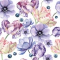 Watercolor background pattern with tulip, bud, anemone, blueberries