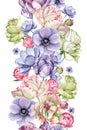 Watercolor background pattern with tulip, bud, anemone, rose