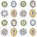 Watercolor background pattern with vintage brooches