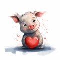 Watercolor Background With Pig Holding Red Heart