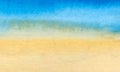 Watercolor background: sea, beach, ocean, coastline, blue and yellow, sand and sea, waves, shore, surf, sea foam. For