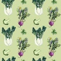 Watercolor background seamless pattern with hand drawn peking cabbage. purple kohlrabi, green broccoli and parsley
