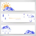 Watercolor background with sun umbrella, cloud and rain. Royalty Free Stock Photo