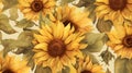 watercolor background sunflower field basking in golden sunlight.