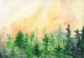 Watercolor background with sunset clouds and green trees