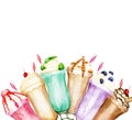 Watercolor background with sweet milkshakes on white