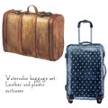 Watercolor baggage set including leather vintage suitcase and polka dot suitcase.