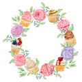 Watercolor bakery round wreath logo with cupcakes and rose flowers