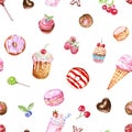 Watercolour tasty desserts seamless pattern in pastel colors. hand painted sweets and treats on white background