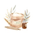 Watercolor baking illustration - composition of flour sack, rolling pin Royalty Free Stock Photo