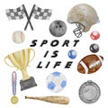 Watercolor Ball Sports Illustration, Ball Sports Clipart. Sport is life