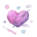 Watercolor ball of yarn for knitting in the form of a heart. Vector illustration