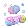 Watercolor ball of yarn for knitting in the form of a heart. Vector illustration
