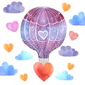 Watercolor balloon with hearts flies in the clouds