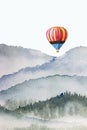 Watercolor balloon on mountain background drawn by brush