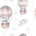 Watercolor balloon seamless pattern. Watercolor set baby cartoon cute pilot giraffe, elephant with koala, bear and bird Royalty Free Stock Photo