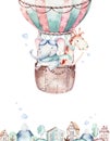 Watercolor balloon set baby cartoon cute pilot aviation illustration. sky transport balloons with giraffe and elephant