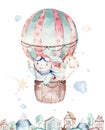 Watercolor balloon set baby cartoon cute pilot aviation illustration. sky transport balloons with giraffe and elephant Royalty Free Stock Photo