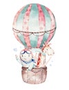 Watercolor balloon set baby cartoon cute pilot aviation illustration. sky transport balloons with giraffe and elephant Royalty Free Stock Photo