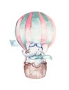 Watercolor balloon set baby cartoon cute pilot aviation illustration. sky transport balloons with giraffe and elephant Royalty Free Stock Photo