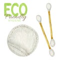 Watercolor bamboo cotton swabs, cotton pads. Biodegradable wooden material. Isolated Eco-friendly hygiene products. Zero Royalty Free Stock Photo